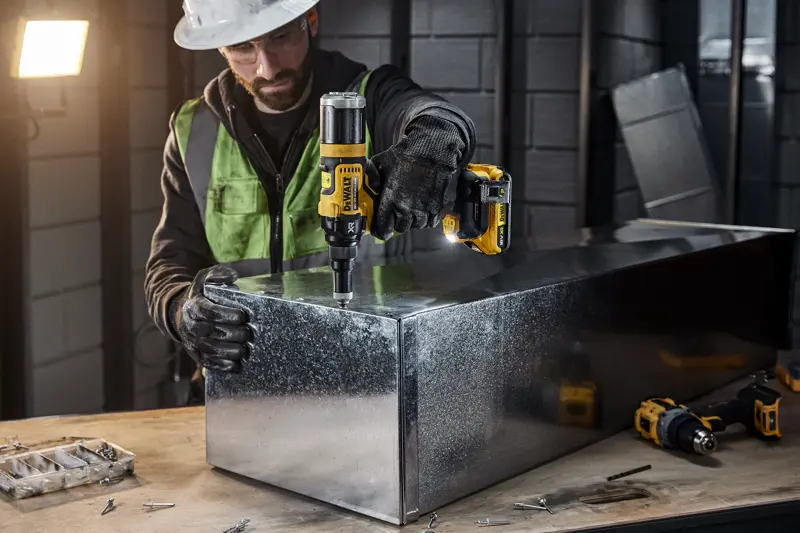 Une personne équipée d'un équipement de sécurité utilise un outil électrique sans fil DEWALT DCF403NT pour travailler sur une boîte en métal dans un atelier industriel. Diverses vis et outils sont visibles sur l'établi.