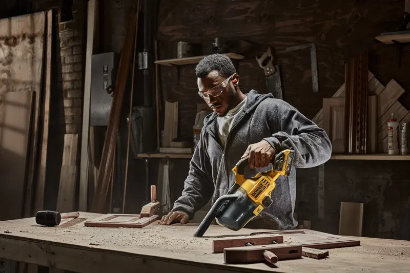 Une personne utilise un aspirateur portable DEWALT modèle DCV501HB pour nettoyer la sciure sur un établi dans un atelier de menuiserie. Divers outils et pièces de bois sont visibles sur la table et les étagères en arrière-plan.
